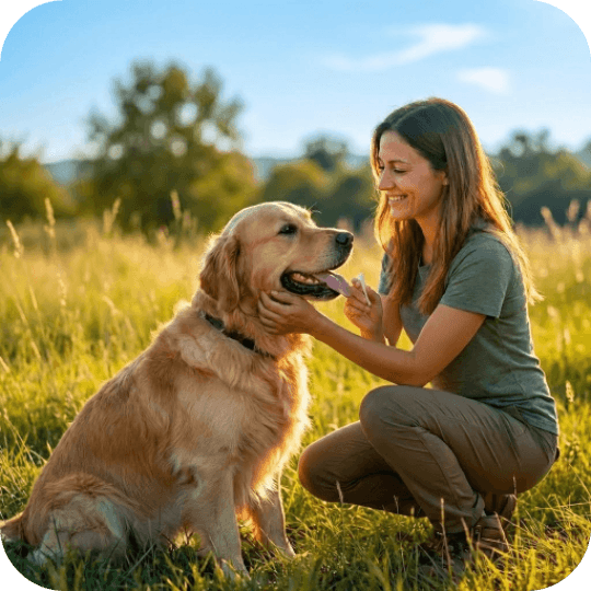 Woman with golden retriever in a sunny field